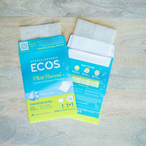 Front and back of ECOS product sample packaging for laundry detergent sheets.
