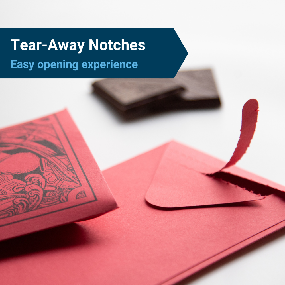 Red chocolate bar wrapper showing tear-away notches with the heading, "Tear-away notches, easy opening experience."