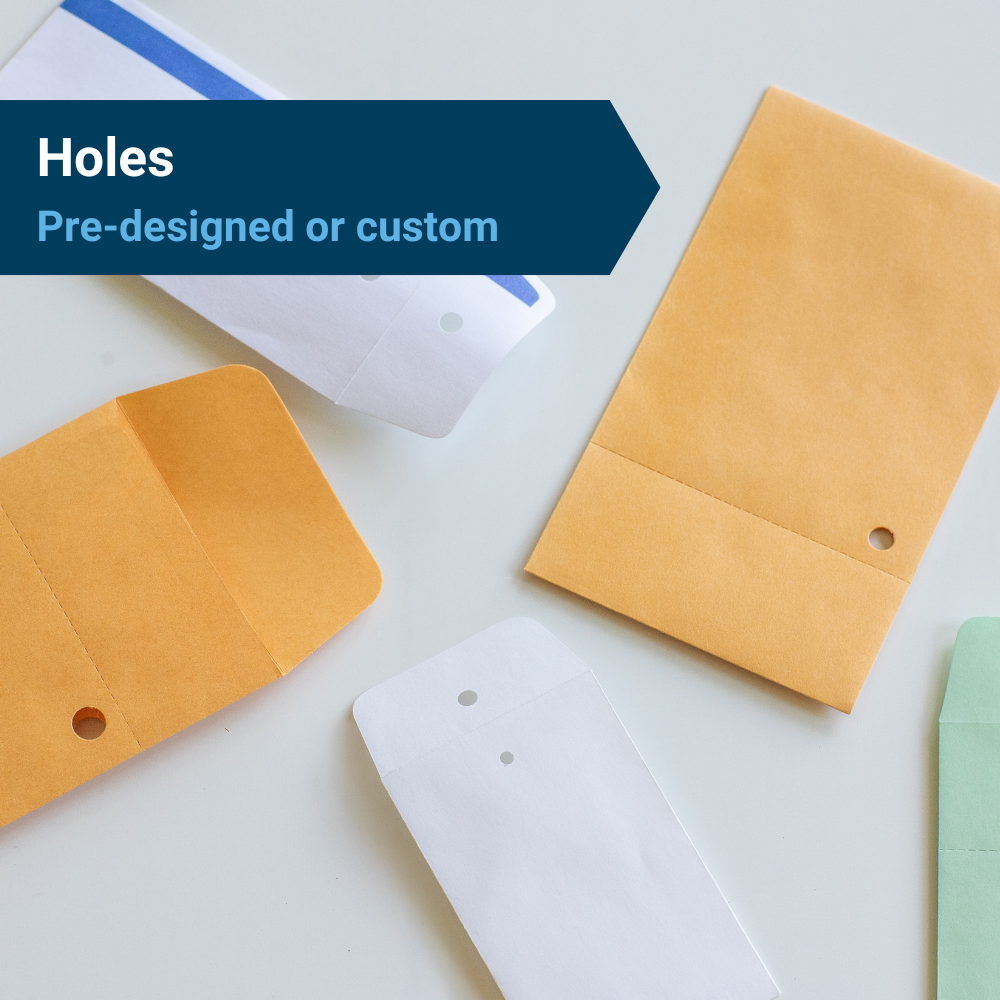 Three blank seed packets featuring different sized holes, under the heading, "Holes: Pre-designed or custom."
