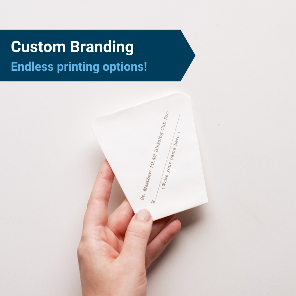 White disposable paper cup with custom branding, under the heading, "Custom branding: Endless printing options!"