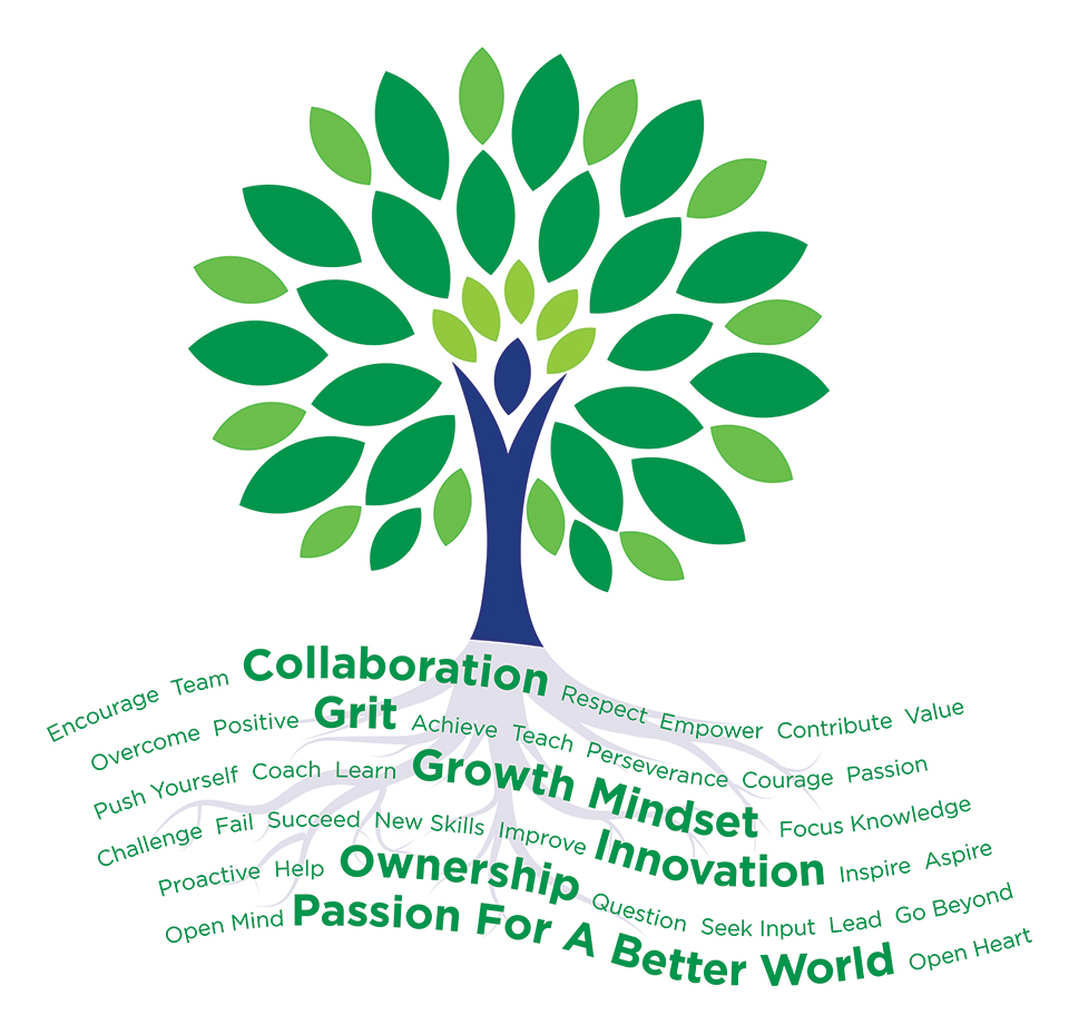 Illustration of a tree with the JBM Packaging core values written underneath it.