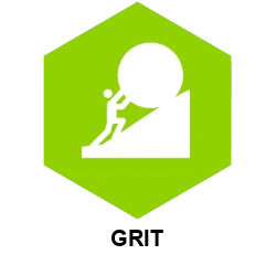 One of JBM's core value logos, Grit, with a drawing of a person pushing a boulder up a mountain.