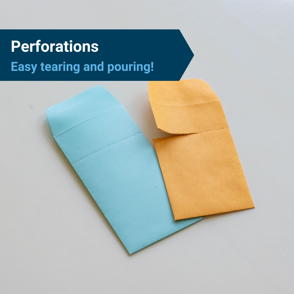 Two blank seed packet envelopes with perforations, under the heading, "Perforations: Easy tearing and pouring!"
