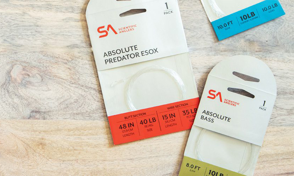 Scientific Anglers packaging for fishing line, featuring a hanger hole and window packaging design.