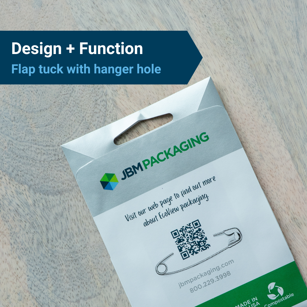 JBM branded merchanise packaging, under the heading, "Design + Function: Flap tuck with hanger hole."