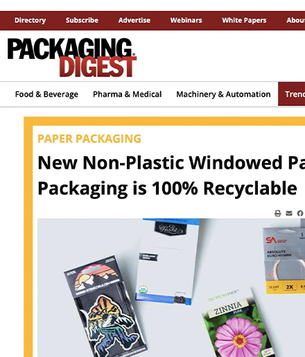 The Packaging Digest website, featuring an article about JBM's new non-plastic windowed packaging that is 100% recyclable.