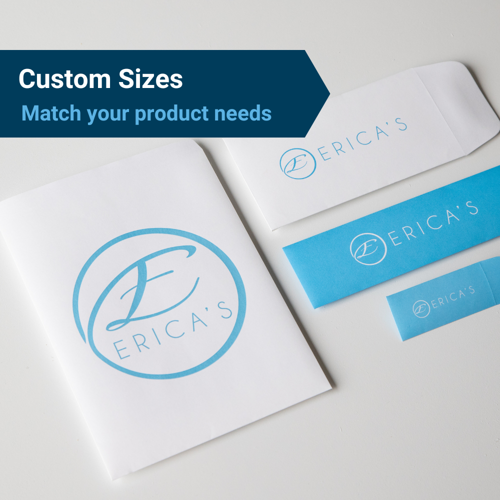 Four different sizes of Erica's ATA water resistant packaging, under the heading, "Custom sizes: Match your product needs."