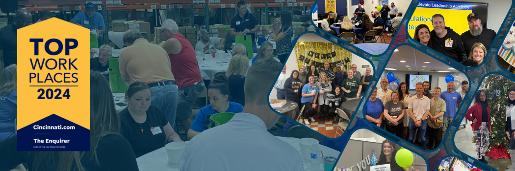 Groups of JBM team members smiling together, celebrating JBM Packaging's Top Workplaces 2024 Award by The Enquirer.