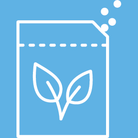 Stylized illustration of seed packaging being filled with seeds.