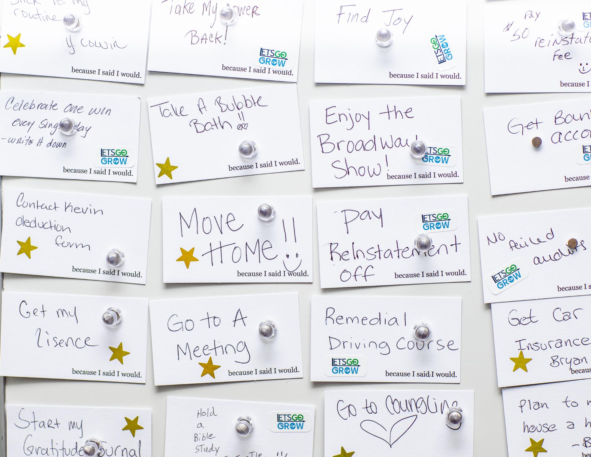Notecards with goal statements written by employees as part of the Fair Chance hiring program at JBM.