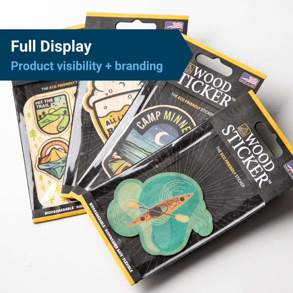 Windowed packaging for a wood sticker company, under the heading, "Full display: product visibility + branding."