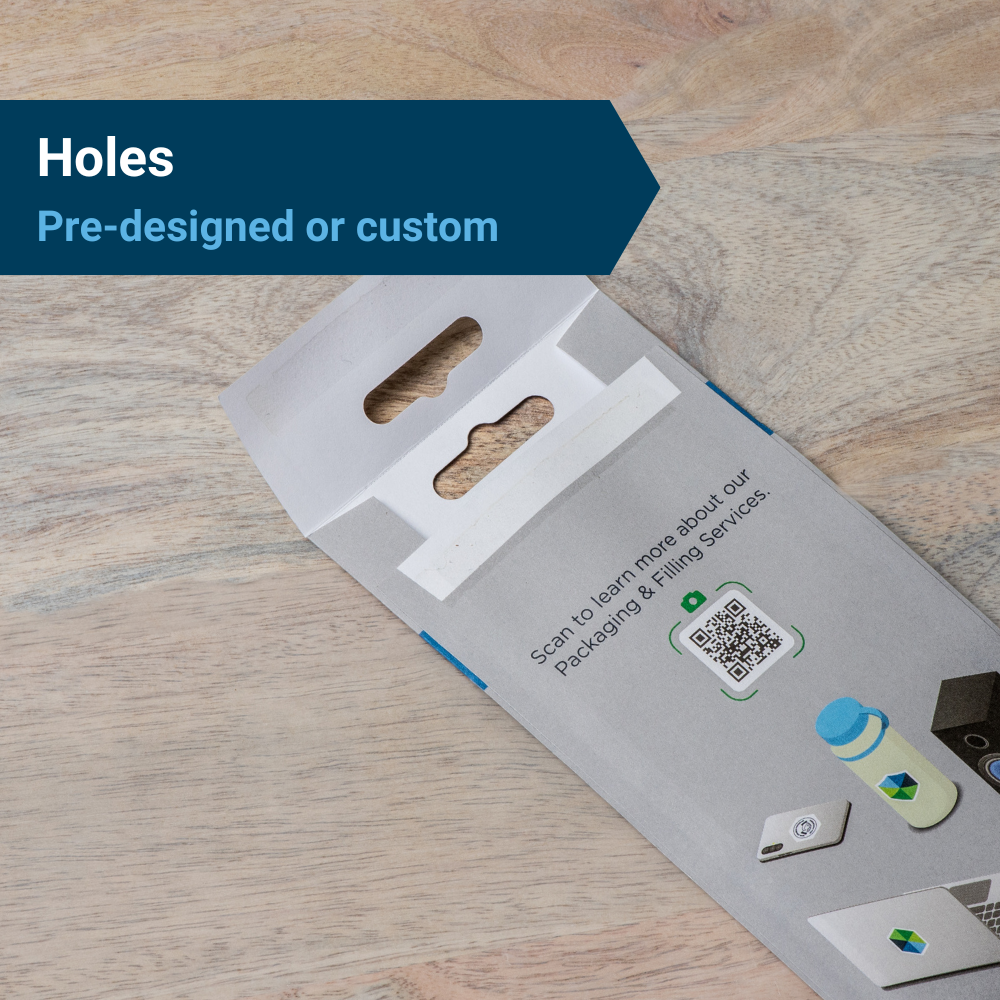 JBM branded water resistant packaging featuring hanger holes, under the heading, "Holes: Pre-designed or custom."