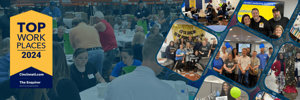 Groups of JBM team members smiling together, celebrating JBM Packaging's Top Workplaces 2024 Award by The Enquirer